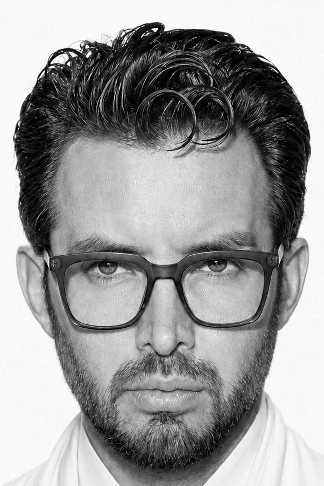 Hamid Moradi in a black and white studio portrait, wearing dark-framed glasses